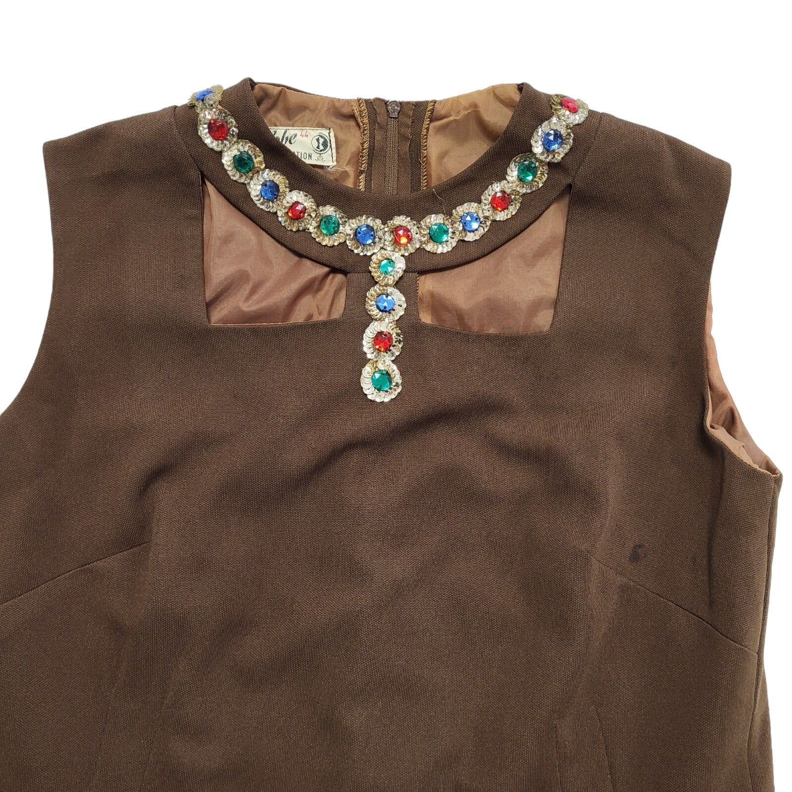 70s Vintage Ma Robe Brown Jewelled Neck Shift Dress Women's 12
