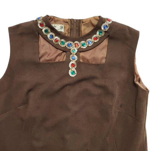 70s Vintage Ma Robe Brown Jewelled Neck Shift Dress Women's 12
