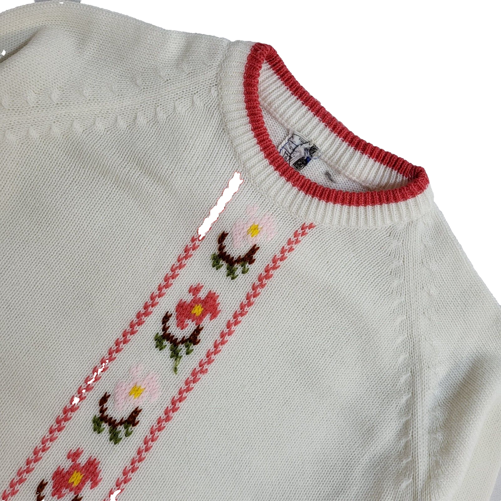 Vintage 90's White Floral Thin Knit Jumper UK Girl's Age 12 Years