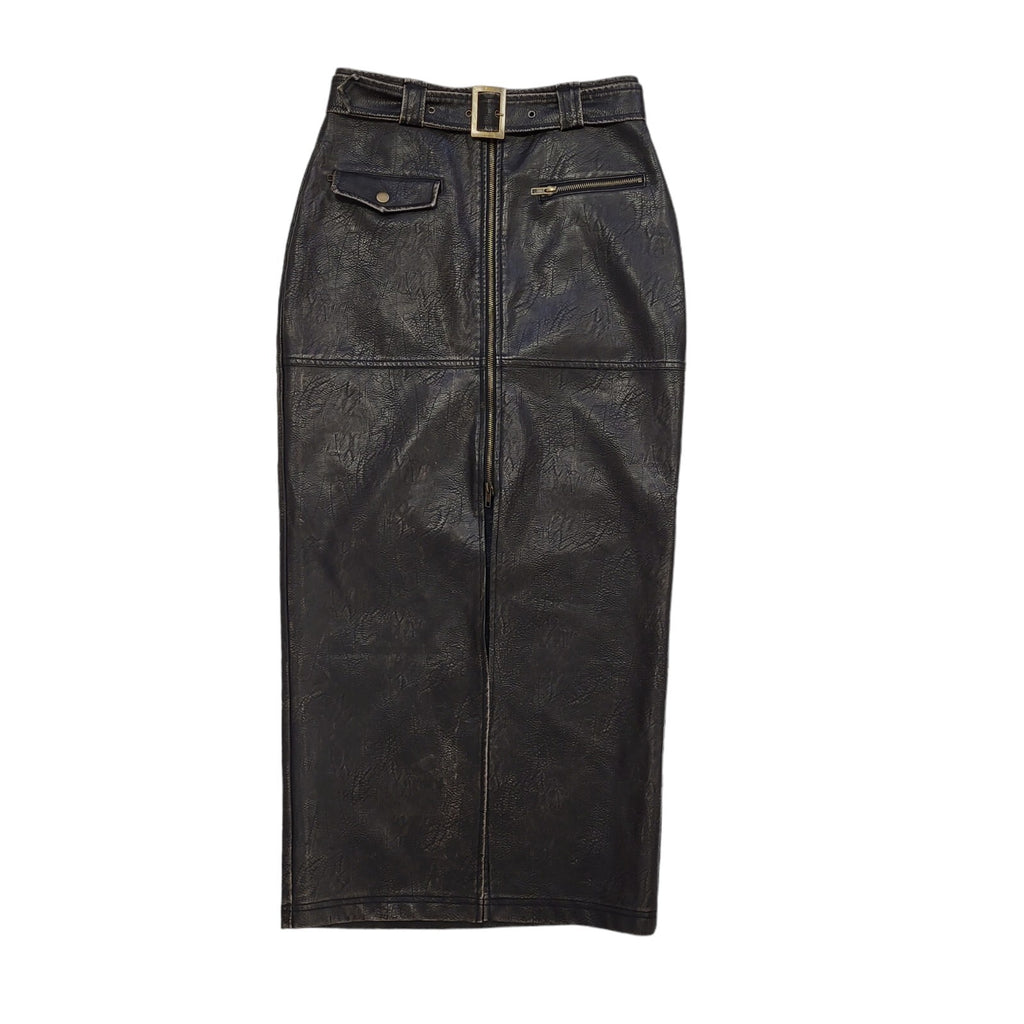 Tudor Knight Y2K Faux Leather Zip Belted Slit Skirt Womens UK Size 10 W28