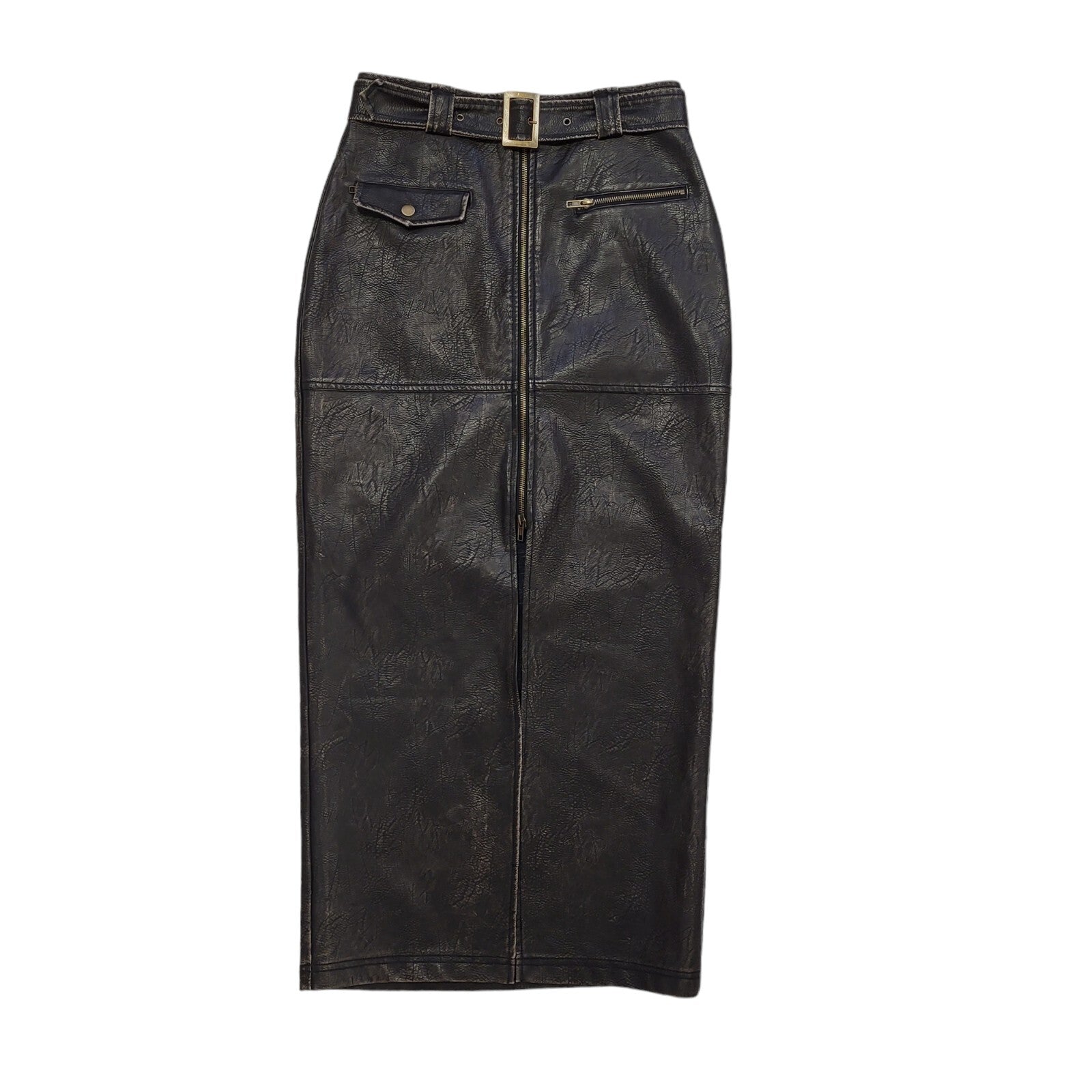 Tudor Knight Y2K Faux Leather Zip Belted Slit Skirt Womens UK Size 10 W28
