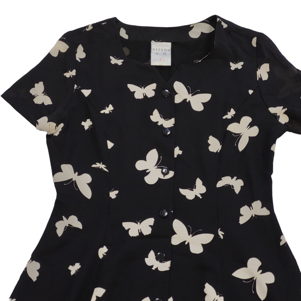 90s Vintage Alexon Black Butterflies Buttoned Daywear Dress Women's Size 12