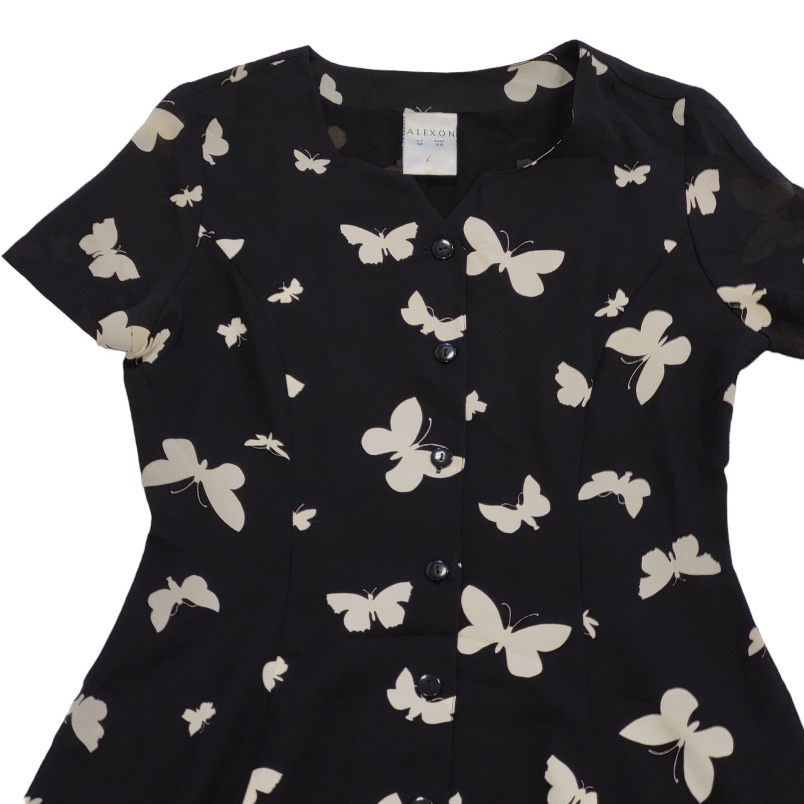 90s Vintage Alexon Black Butterflies Buttoned Daywear Dress Women's Size 12