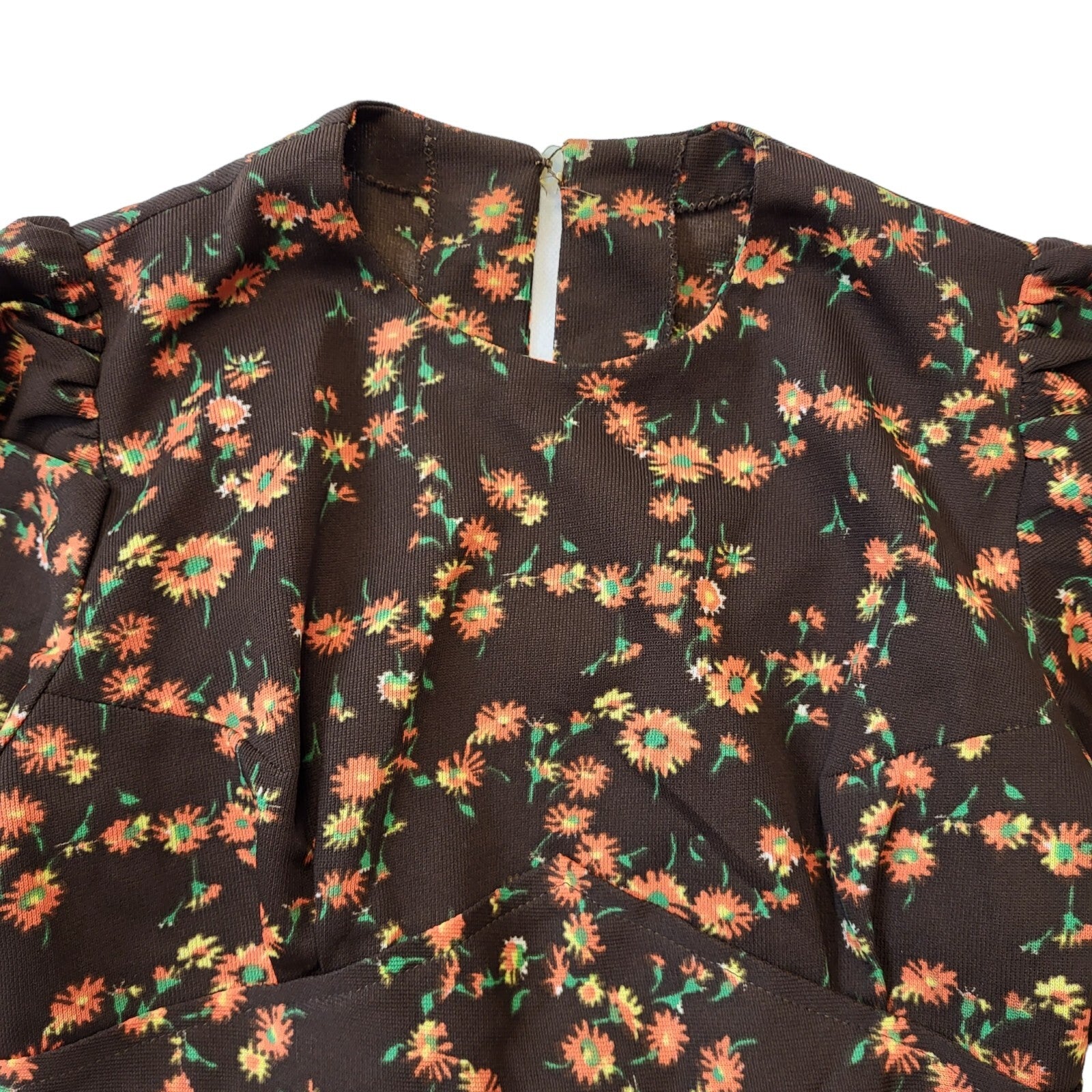 70s Vintage Brown Floral A-Line Dress Women's Size 4-6