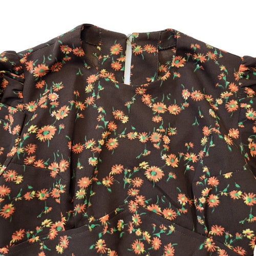 70s Vintage Brown Floral A-Line Dress Women's Size 4-6
