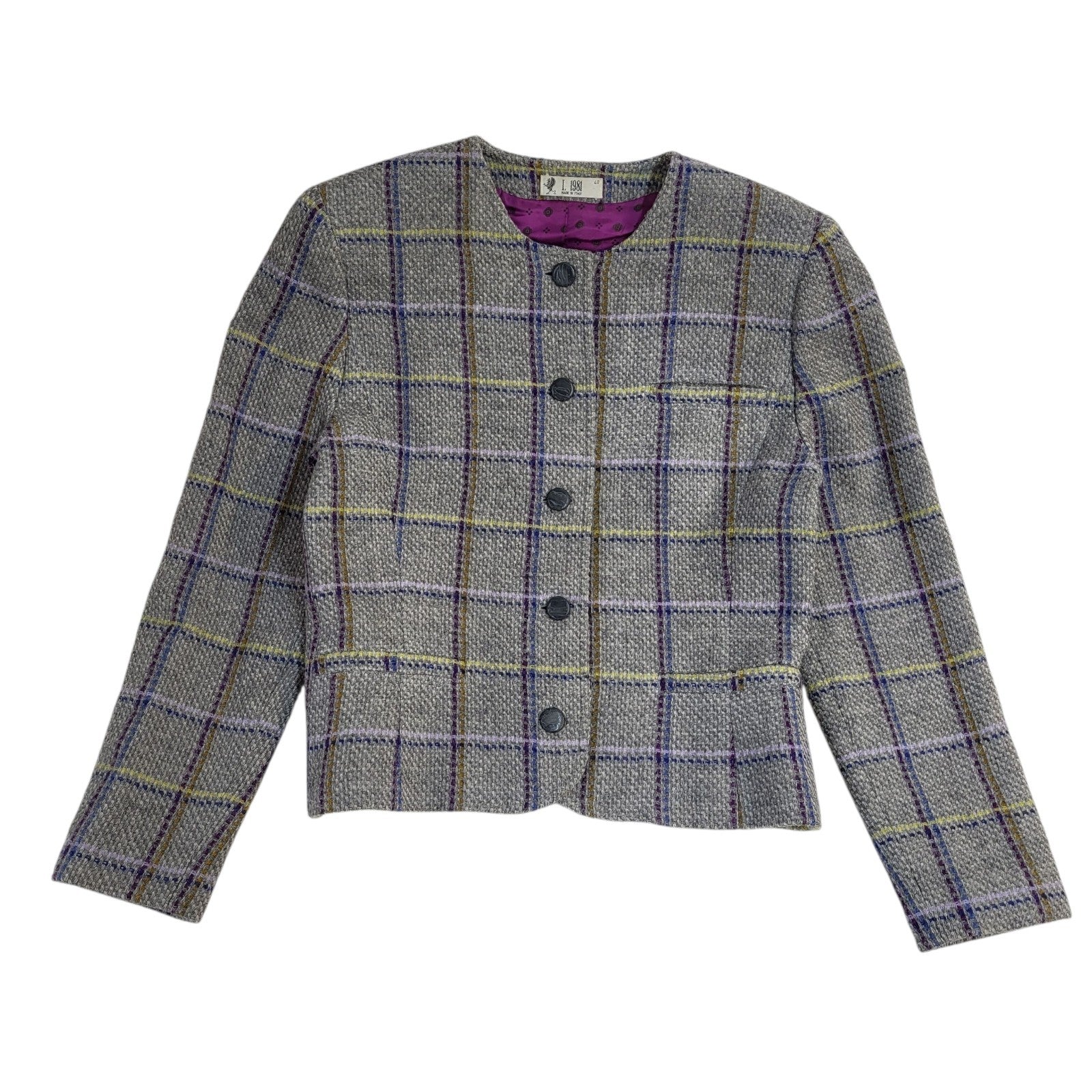 I. 1981 Grey Purple Jacket  Check Cropped Vintage UK Women's Size L