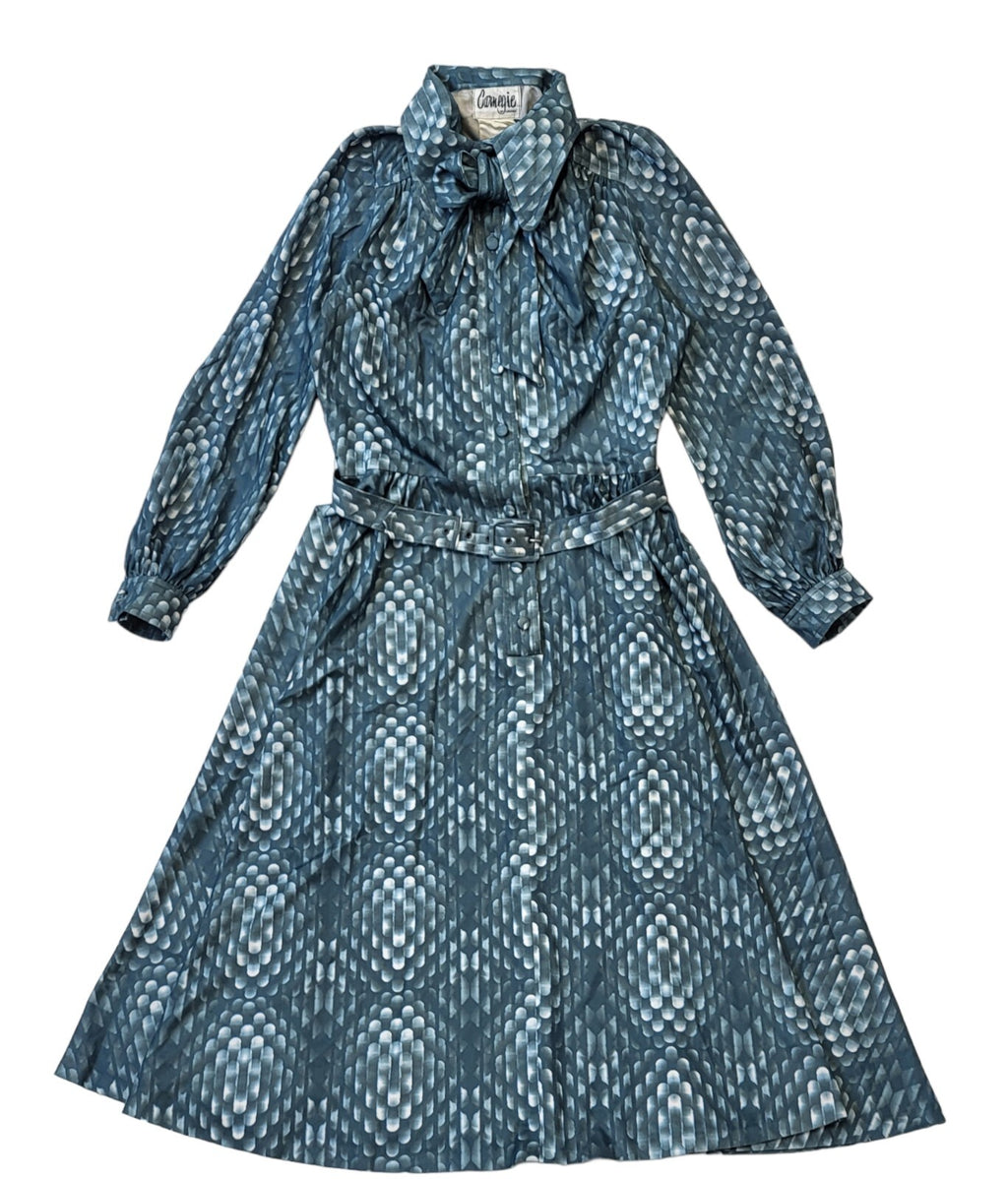 Carnegie 70s Vintage Green Collared Belted A-Line Dress Women's Size 10