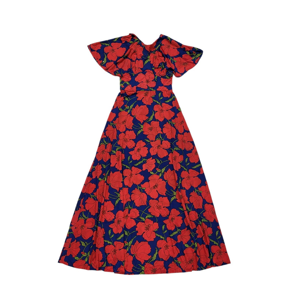 70s Vintage Red & Blue  Floral Flutter Sleeve Maxi Dress Women's 8