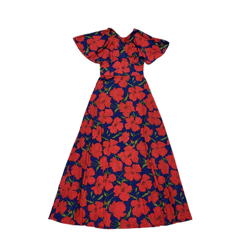 70s Vintage Red & Blue  Floral Flutter Sleeve Maxi Dress Women's 8