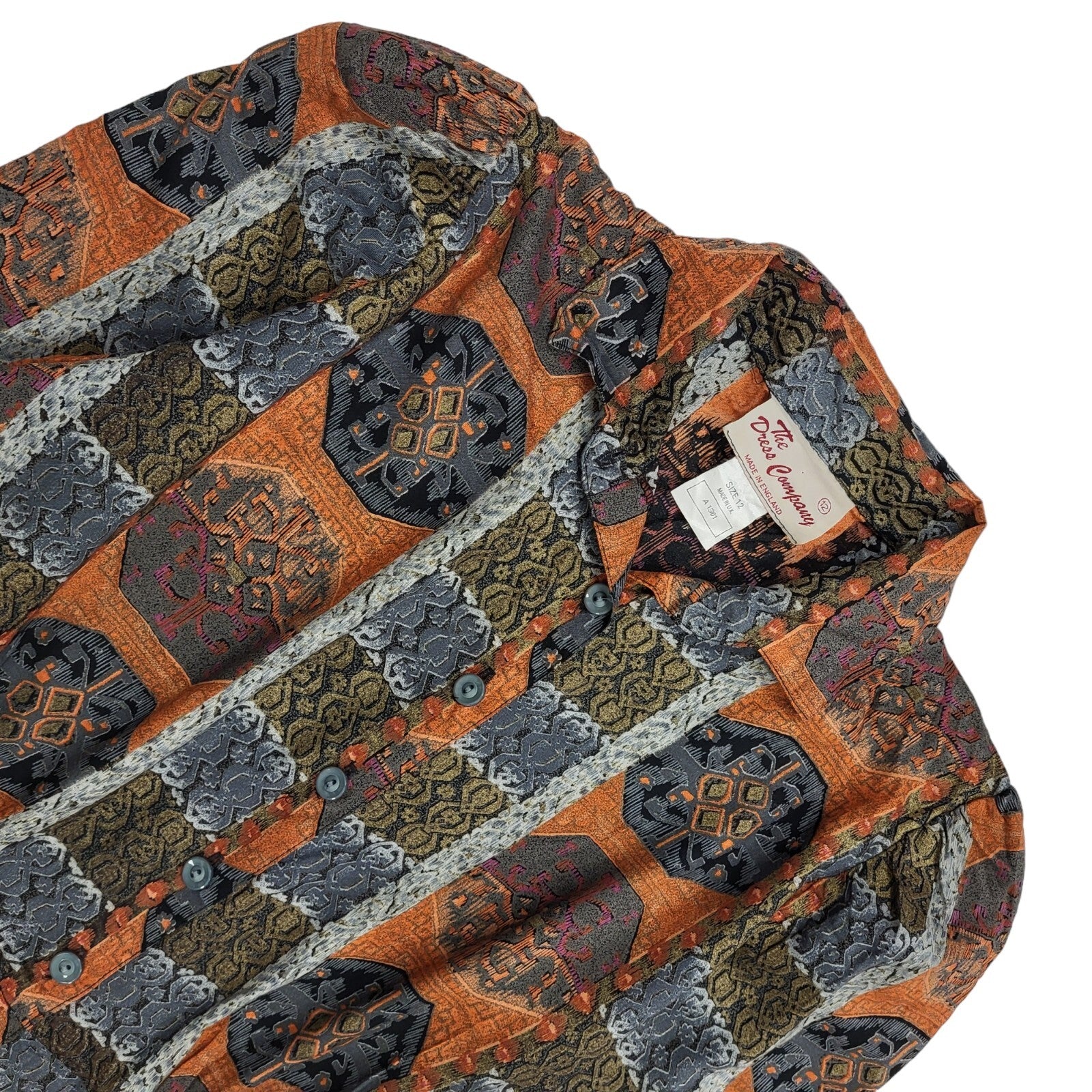 80s Vintage The Dress Company Brown & Grey Patterned Collared Dress Women's 12