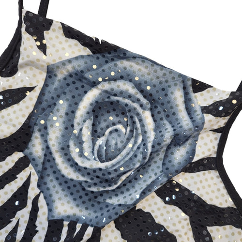 90s Vintage Black & White Floral Sequin Strap Vest Party Top Women's UK Size 10