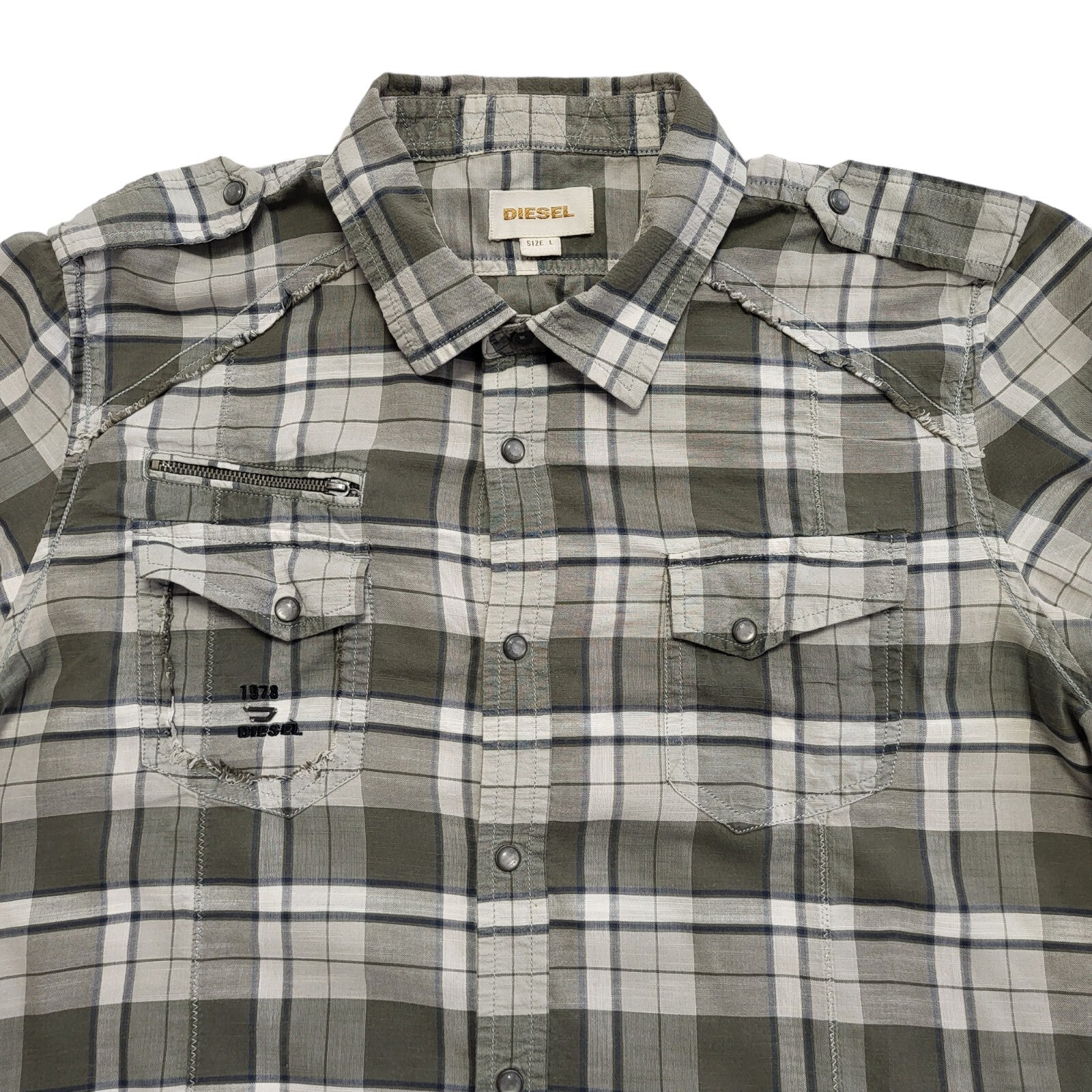 Diesel Y2K Vintage Grey Checked Short Sleeve Shirt Mens UK Size L