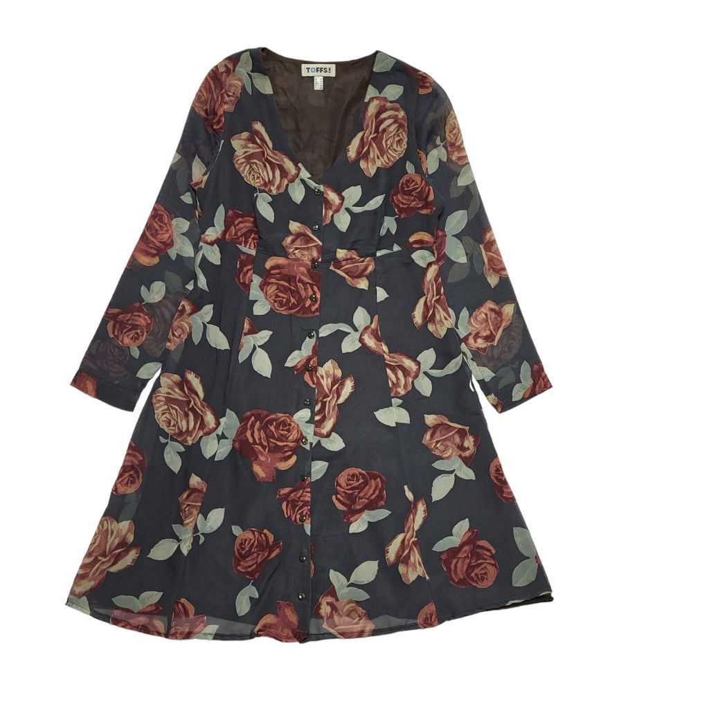 Toffs Vintage 80's Blue & Red Button Front Floral A-Line Dress Womens UK 14
