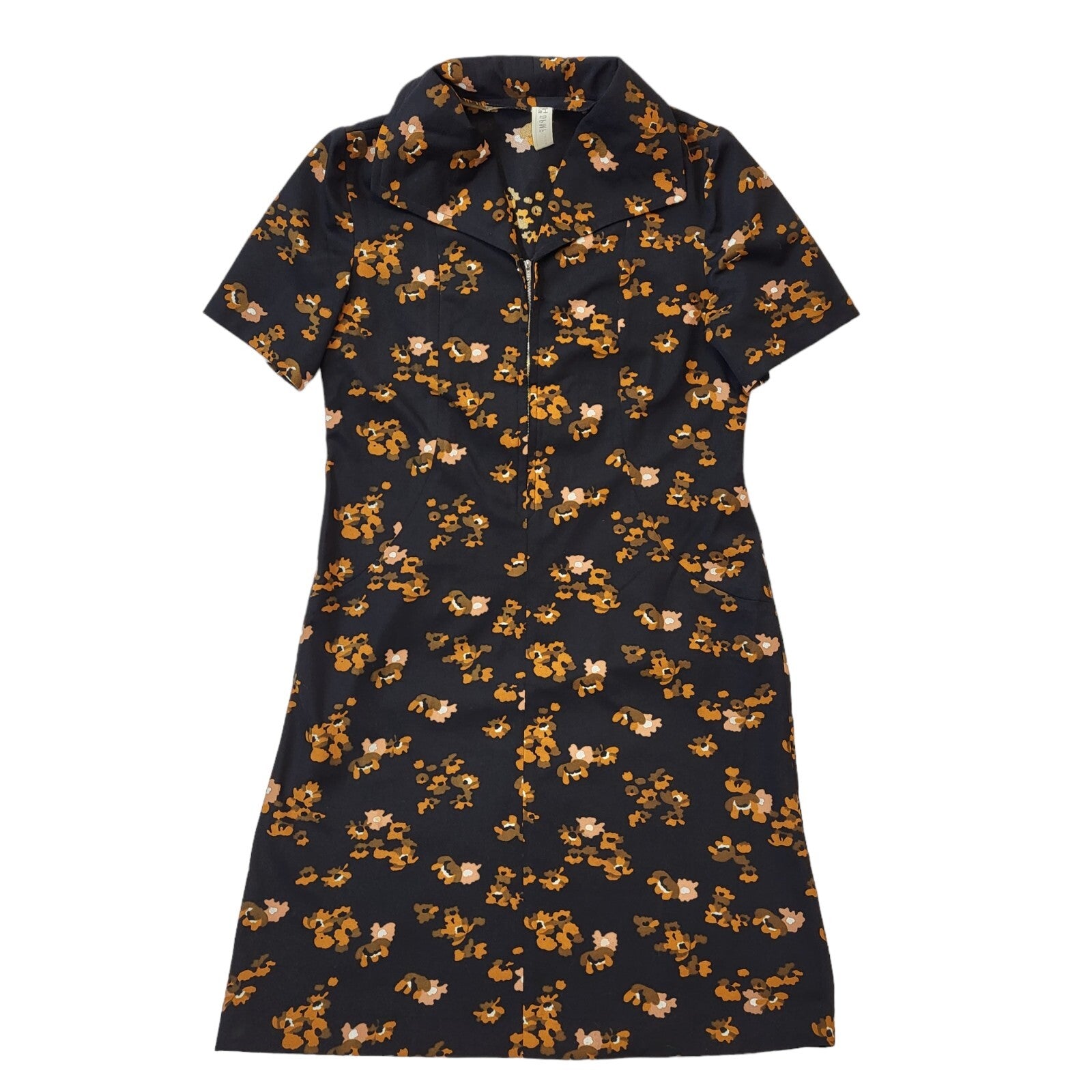 70s Vintage Brown Floral Collared Zip Dress Women's Size 14