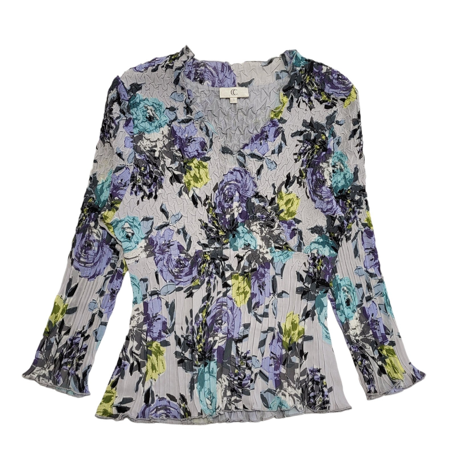 CC Vintage 90's Grey & Purple Floral 3/4 Sleeve Crinkled Top Womens UK Size S