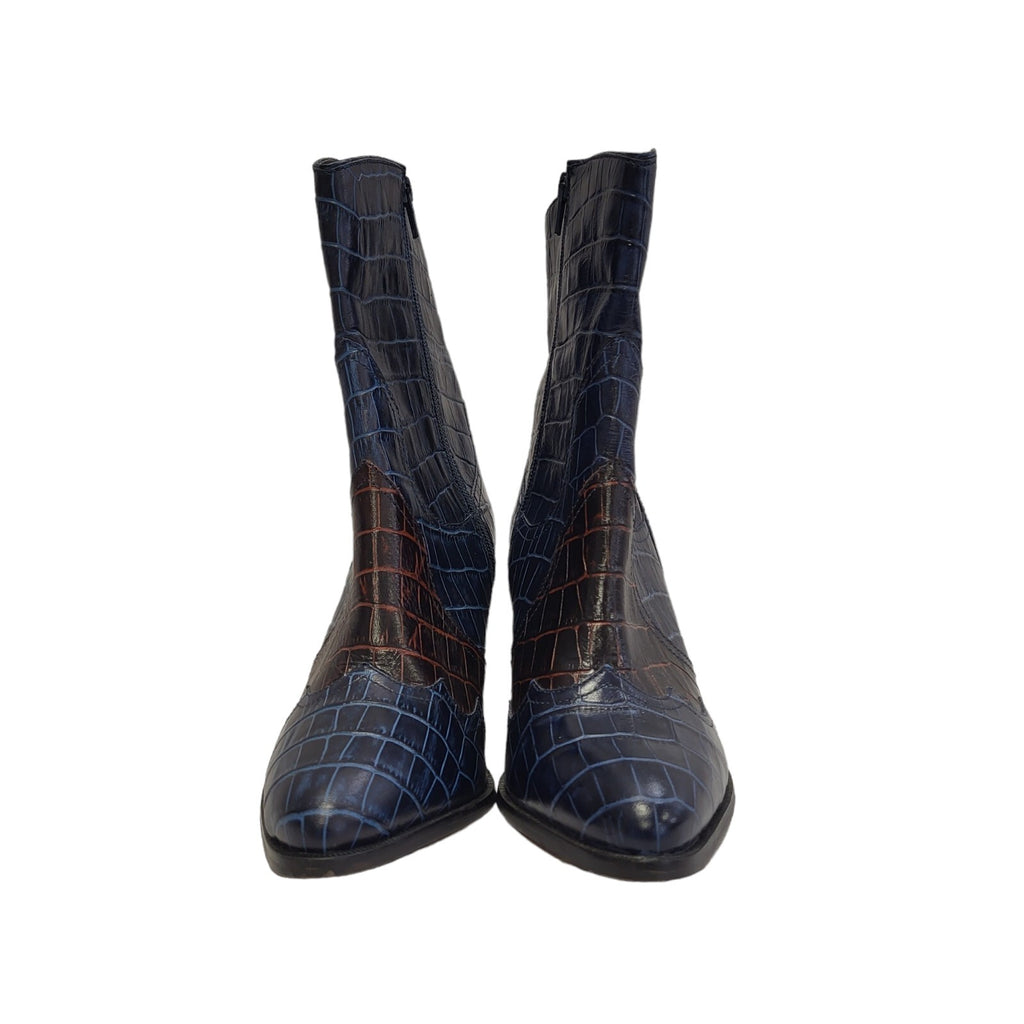 Urban Outfitters Blue Black Leather Slip-on Heels Boots Uk Women's Size 5