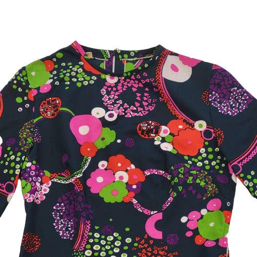 60s Vintage Black & Pink Floral Fit & Flare Dress Women's Size 10