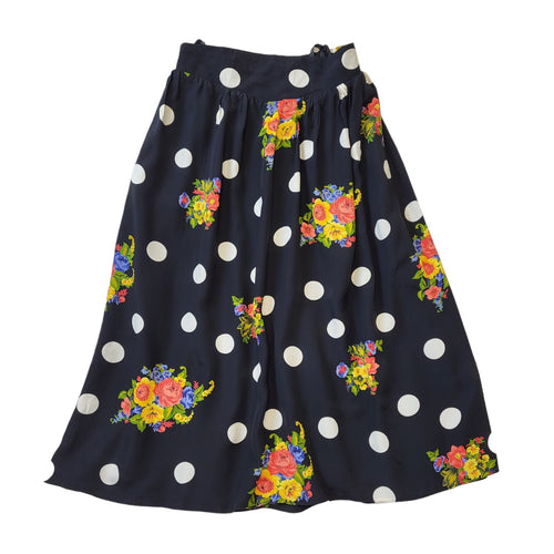 80's Vintage Black Floral Polka Dot Skirt Women's Size 14 EU 42 W32