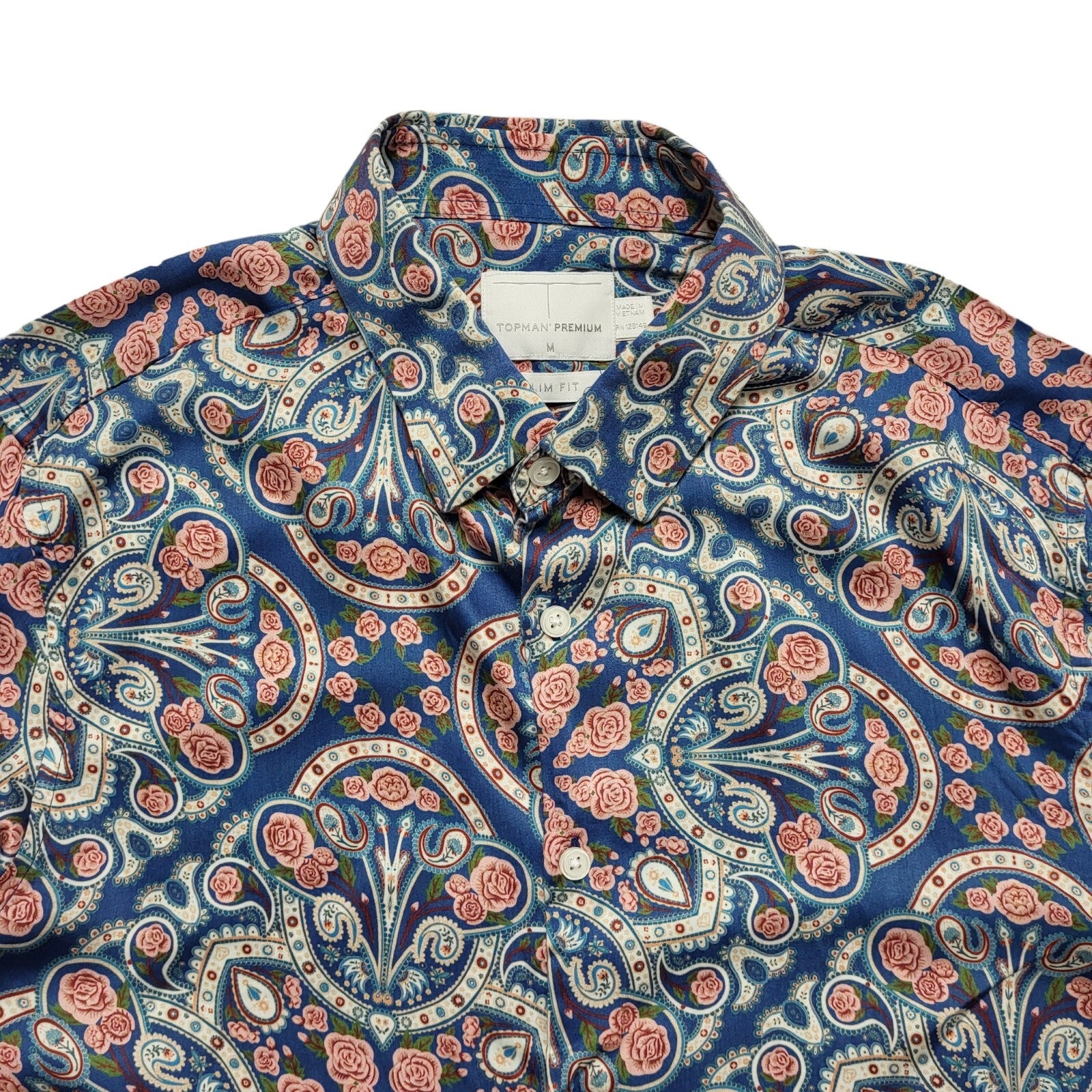 Topman Vintage Y2K Blue & Pink Floral Slim Fit Long Sleeve Shirt Mens UK M