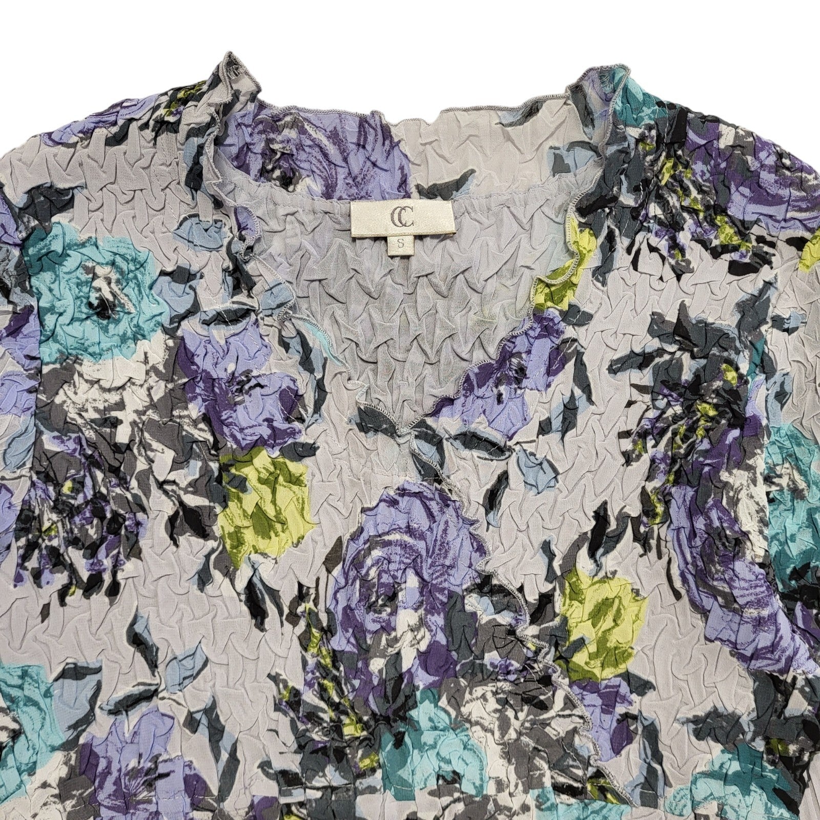 CC Vintage 90's Grey & Purple Floral 3/4 Sleeve Crinkled Top Womens UK Size S