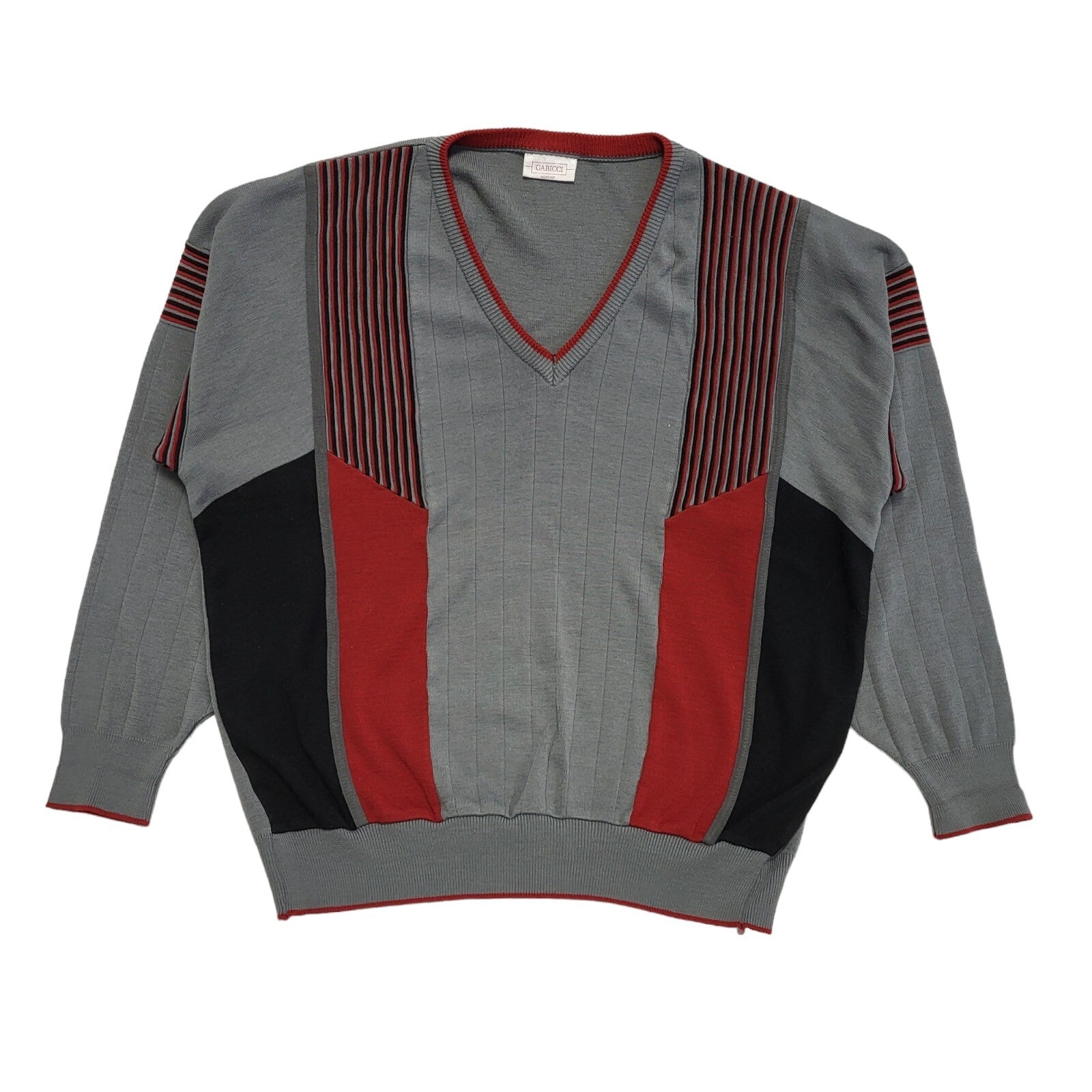 Gabicci Vintage 80s Grey Red Striped V-Neck Jumper Men's UK 2XL