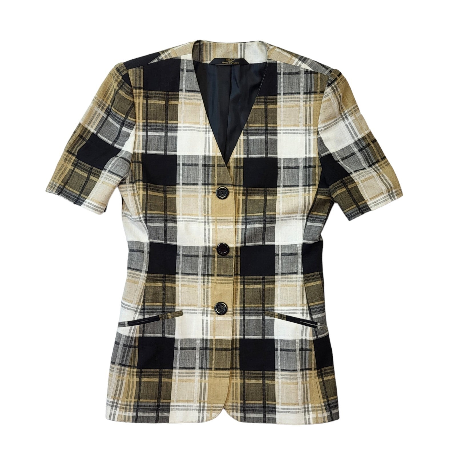 St Michael 90s Vintage Check Short Sleeve Button Up Blazer Women's Size Small