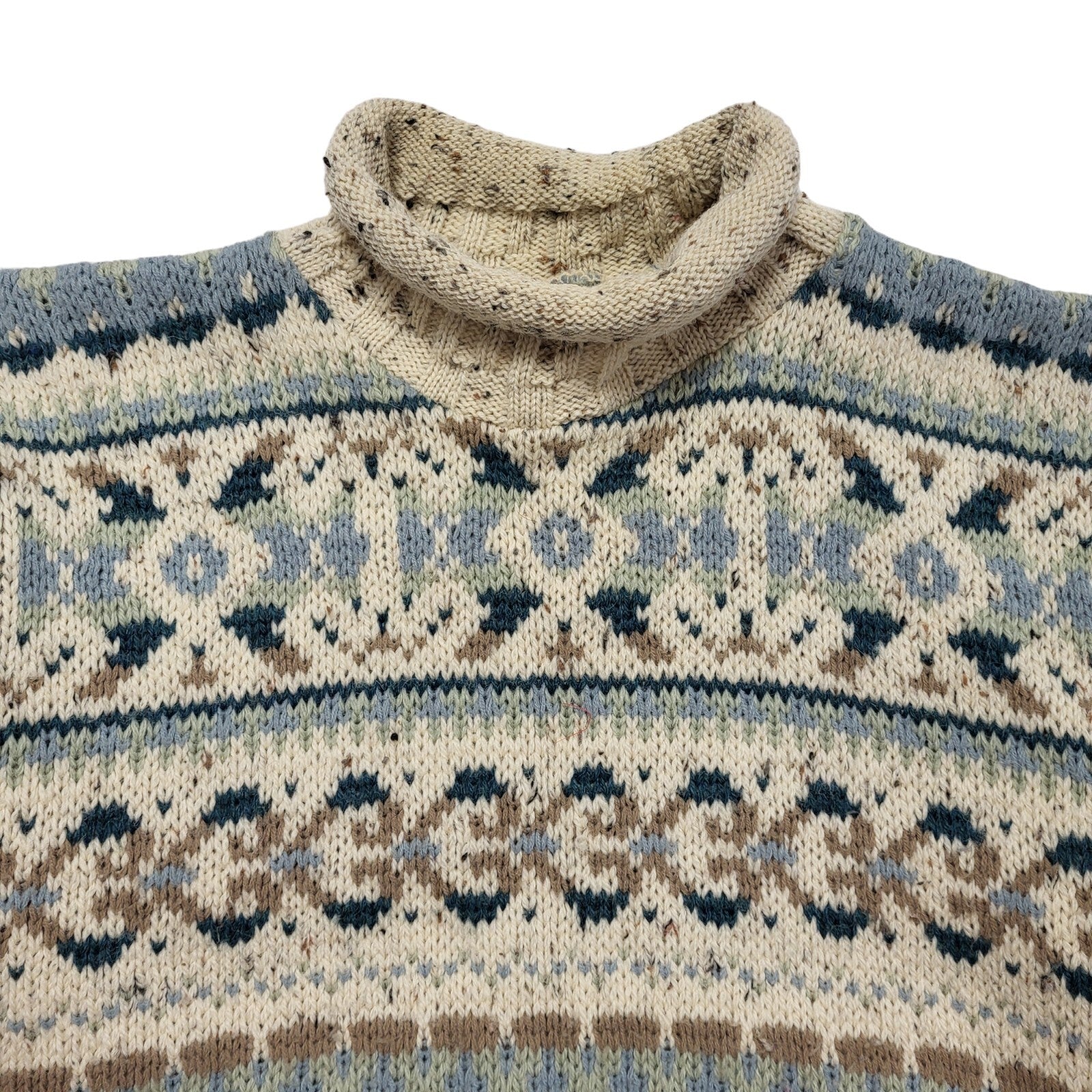 Vintage 80's Beige & Green Roll Neck Jumper Mens UK Size L