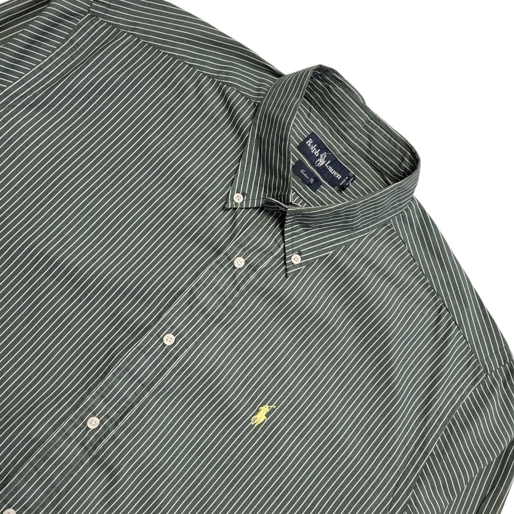 Ralph Lauren 90's Vintage Green Striped Long Sleeve Shirt Mens UK Size XL