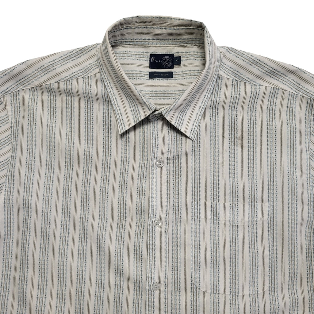 BHS 90's White, Grey & Blue Short Sleeve Striped Shirt Men's UK Size XL