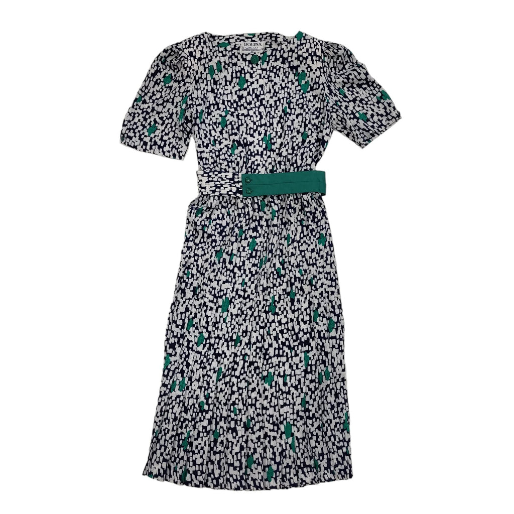 Dollina 80s Vintage Patterned Navy & White Belted Daywear Dress Women's 12