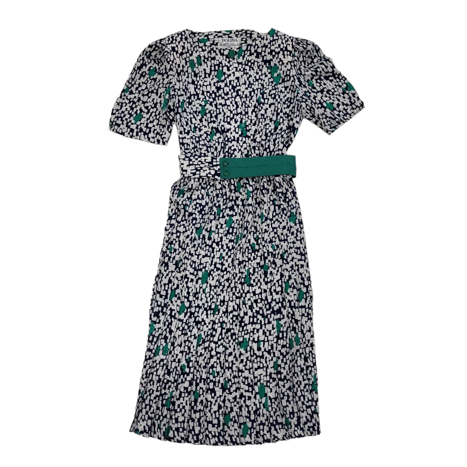 Dollina 80s Vintage Patterned Navy & White Belted Daywear Dress Women's 12