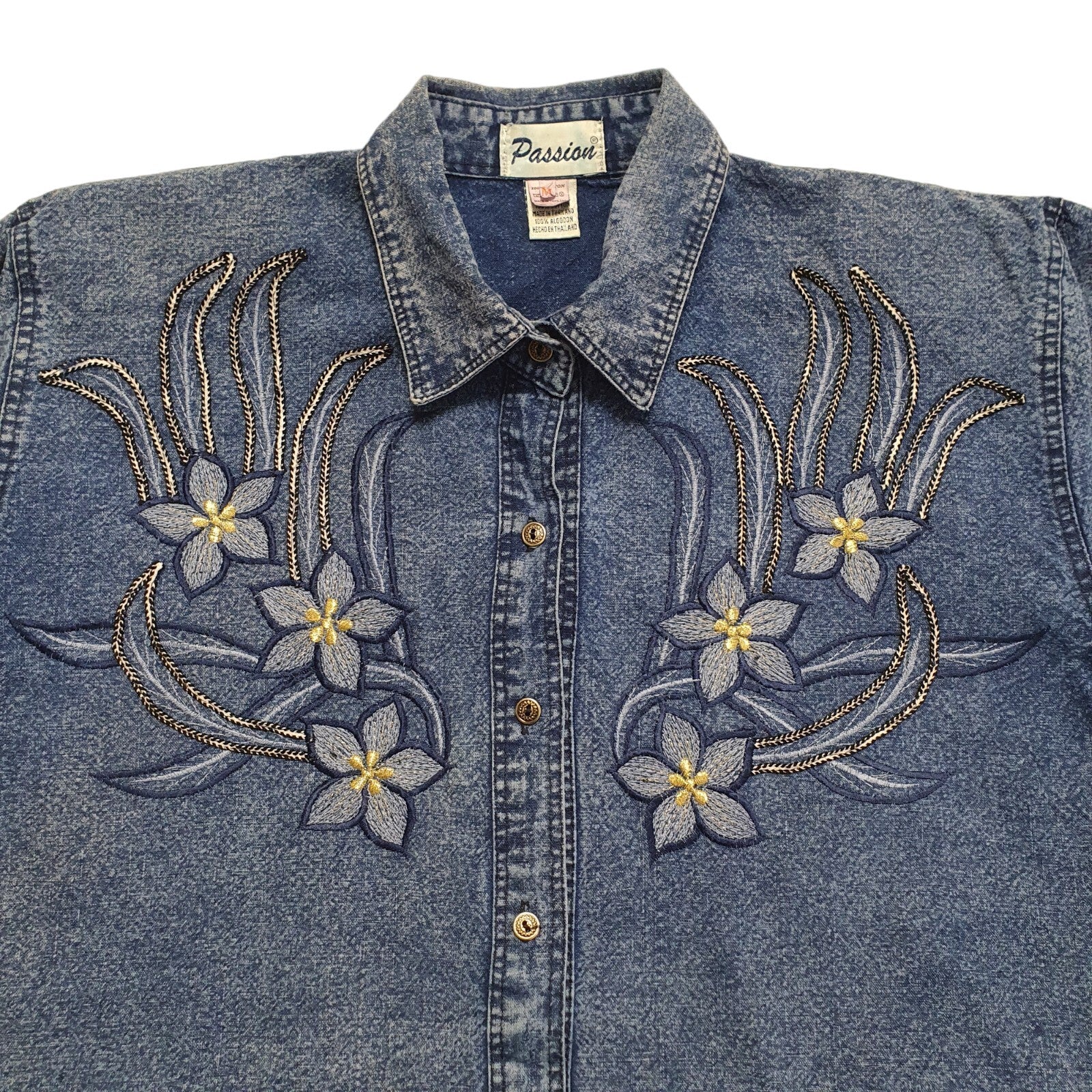 Passion Vintage 90's Blue Denim Floral Short Sleeve Shirt Womens UK Size M