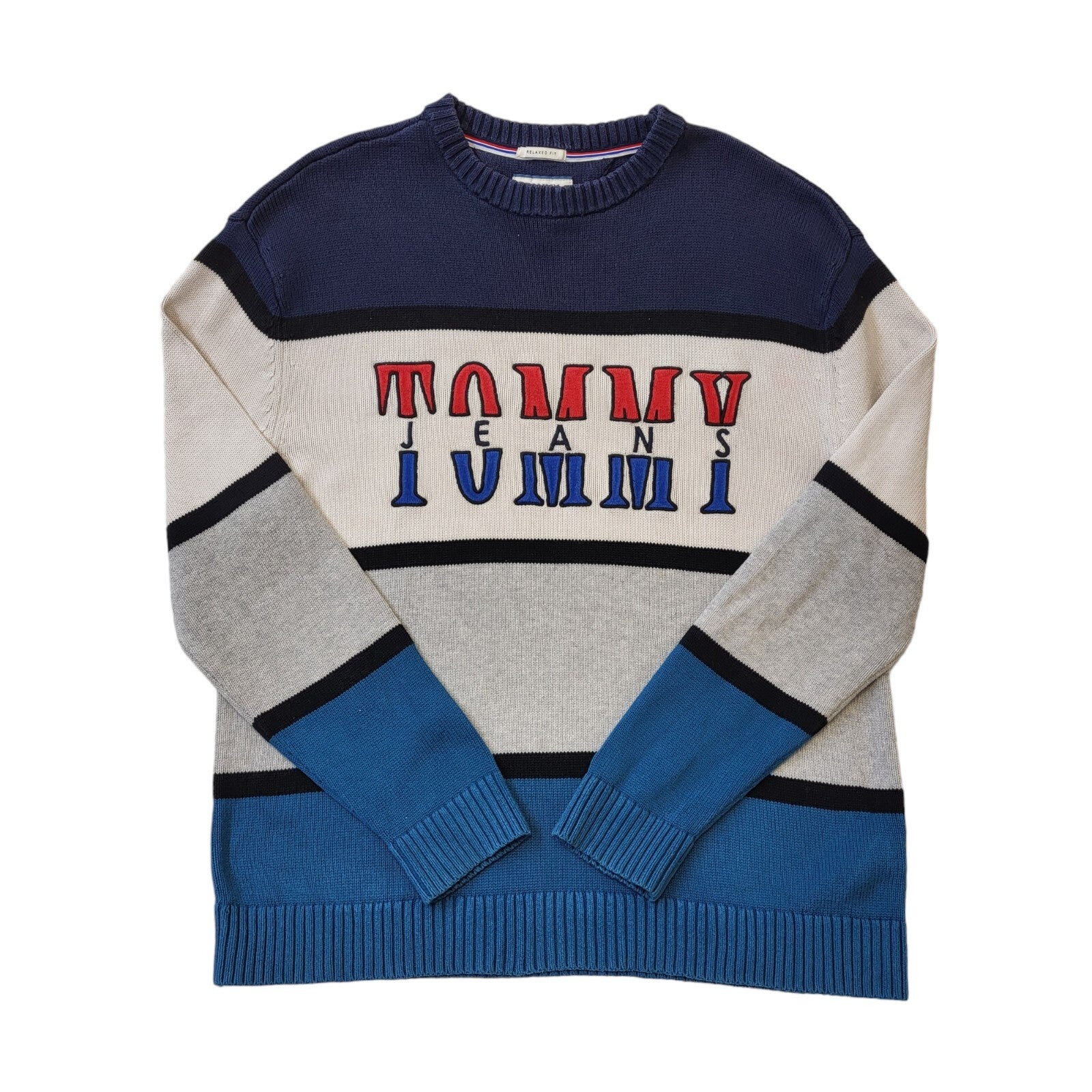 Tommy Jeans Blue & Grey Crew Neck Cotton Jumper Men's Size S