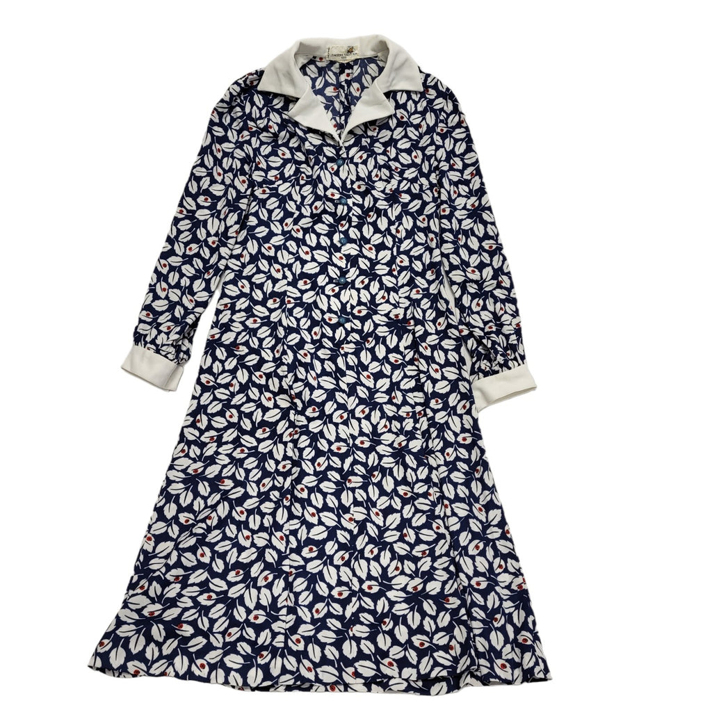 70s Vintage Blue & White Leafy Collared A-Line Dress Women's 10