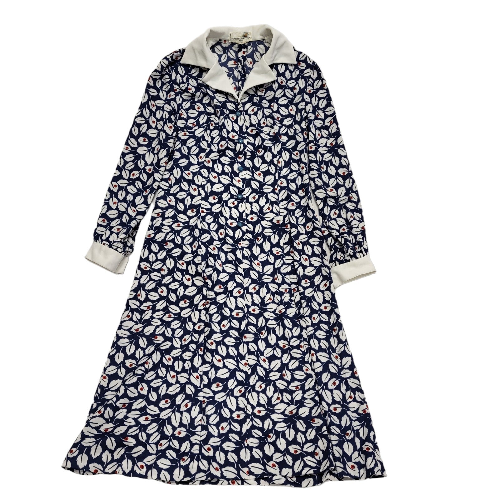 70s Vintage Blue & White Leafy Collared A-Line Dress Women's 10