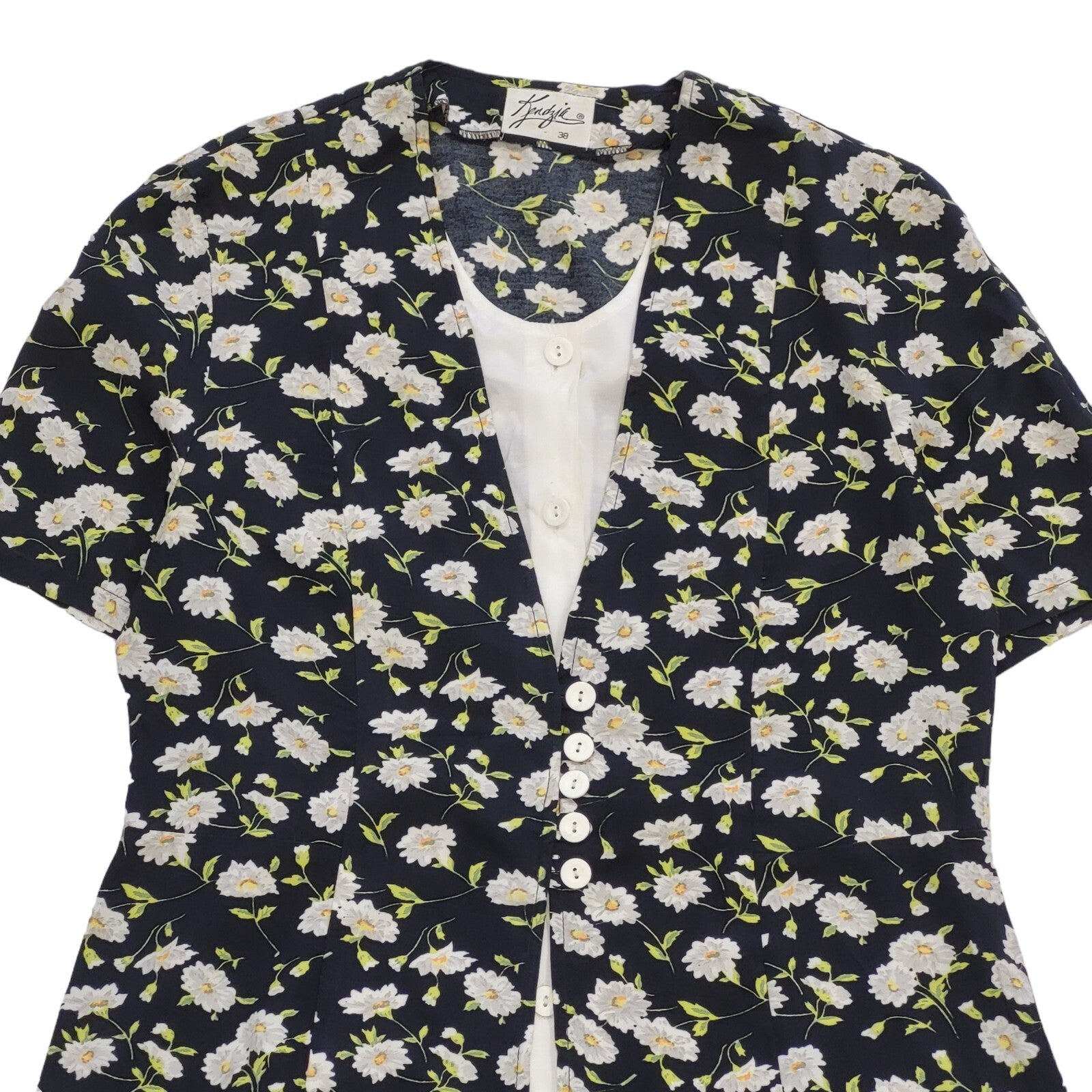 90s Vintage Kenzie Black & White Floral Button Daywear Dress Women's Size 10