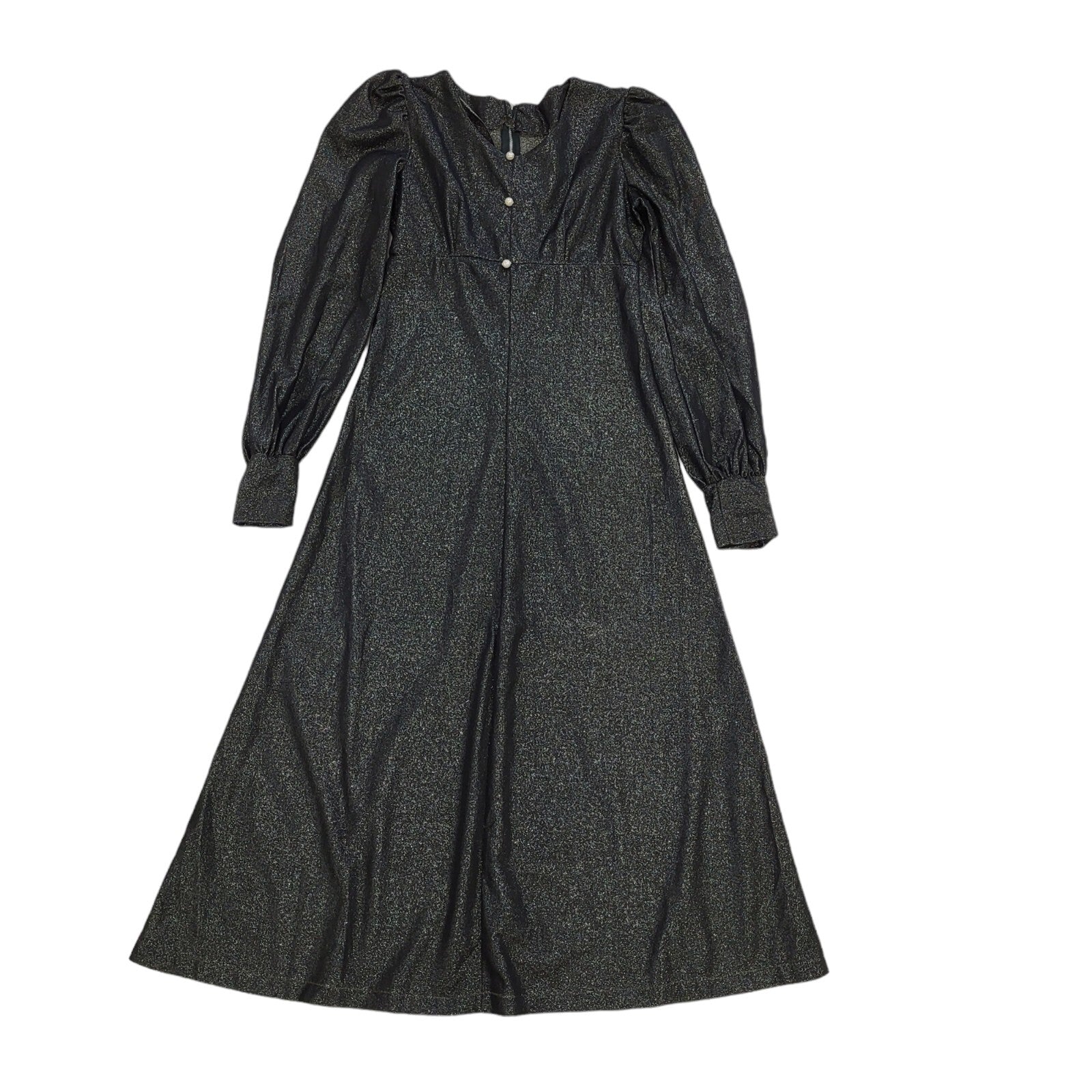 70s Vintage Black Sparkly Buttoned Balloon Sleeve Maxi Dress Women's Size 10