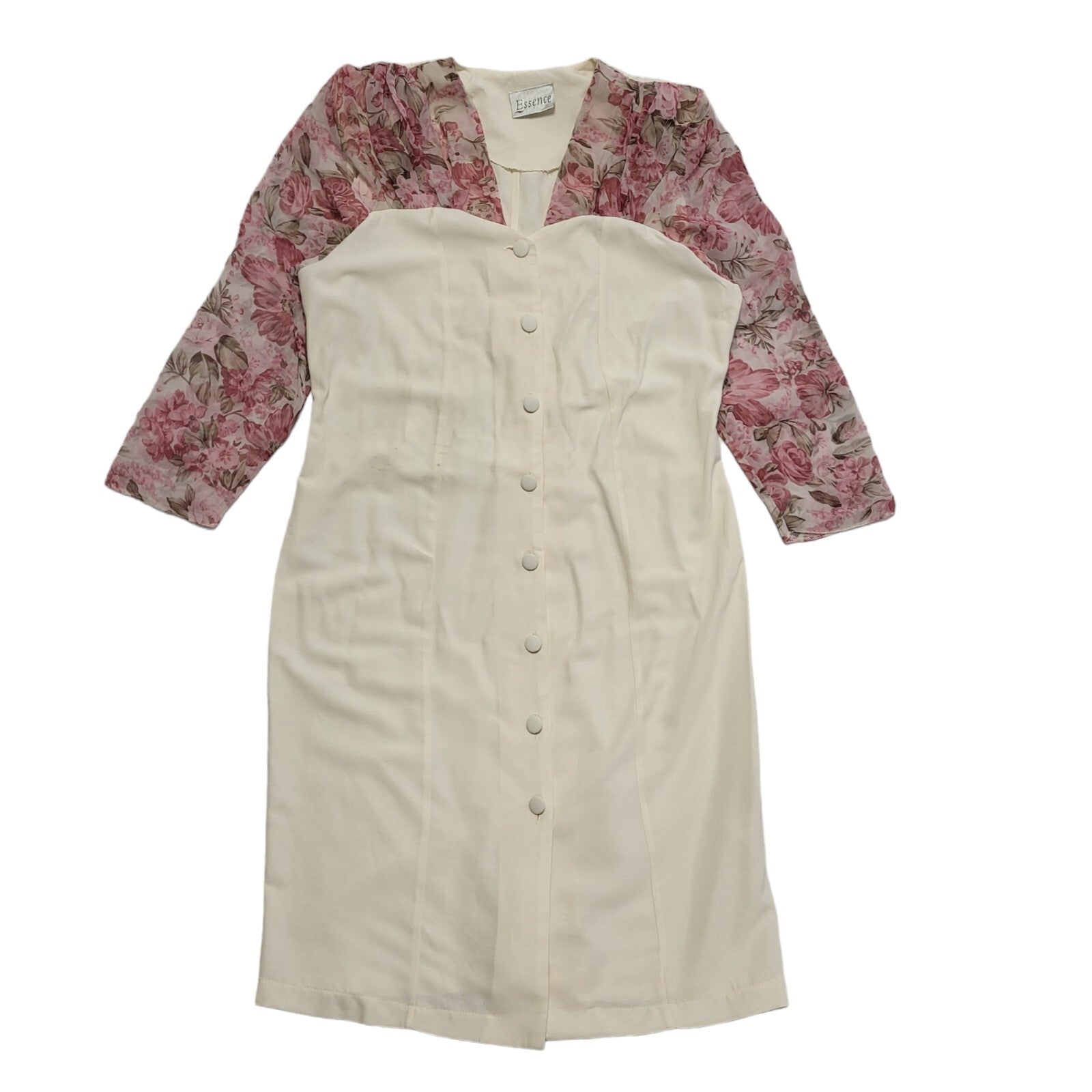 Vintage 80's Cream Pink Floral Daywear Dress Uk Women's Size 16
