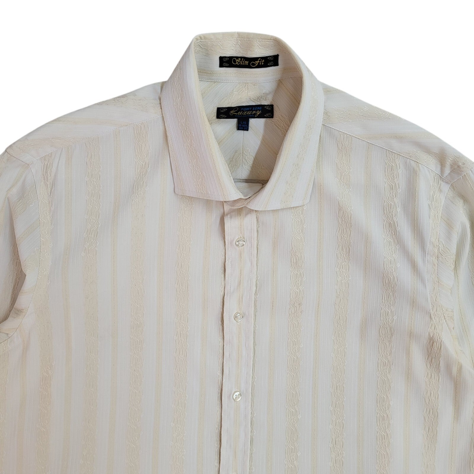 Point Zero Luxury White & Cream Striped 70s Long Sleeve Shirt UK Men's Size L