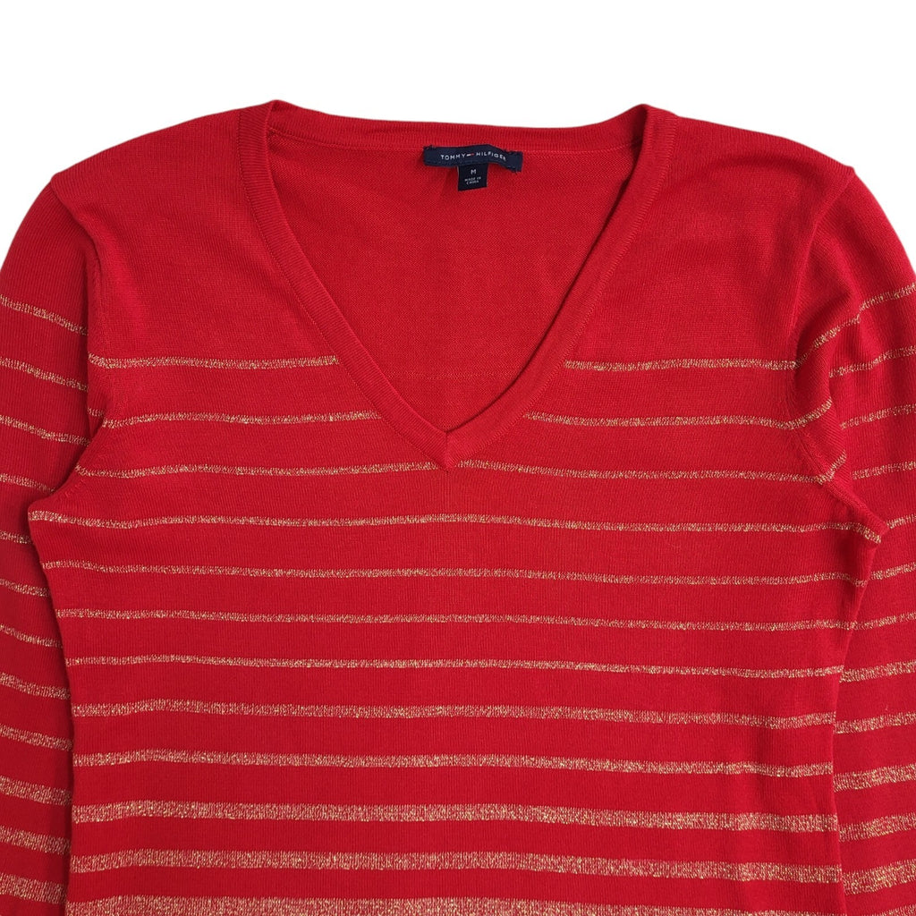 Tommy Hilfiger Y2K Red & Gold Striped V-Neck Jumper UK Women's Size M