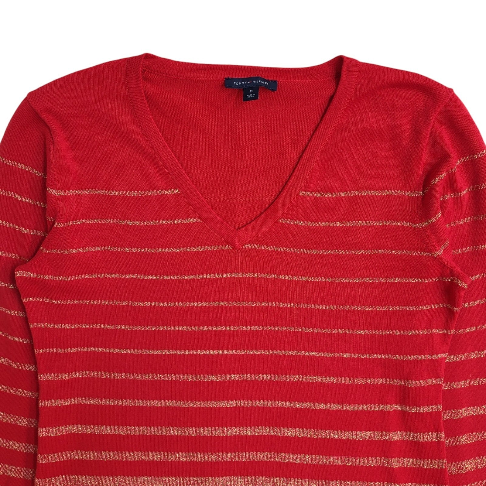 Tommy Hilfiger Y2K Red & Gold Striped V-Neck Jumper UK Women's Size M