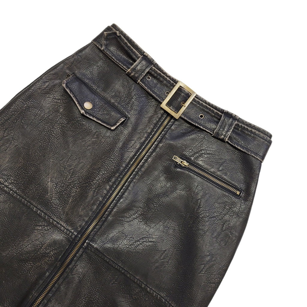 Tudor Knight Y2K Faux Leather Zip Belted Slit Skirt Womens UK Size 10 W28