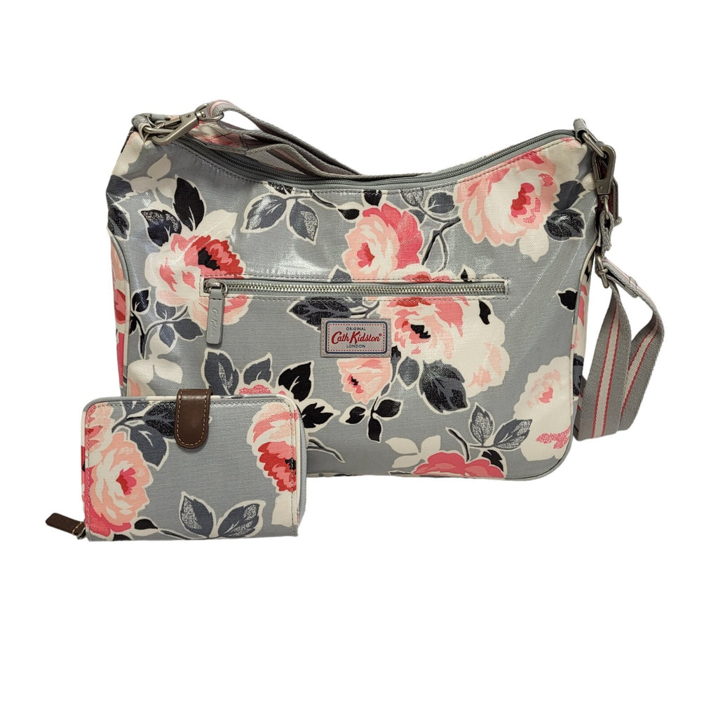 Cath Kidston Grey Pink Zip Floral Shoulder Bag Purse Uk Women's Size 9" x 13.5"