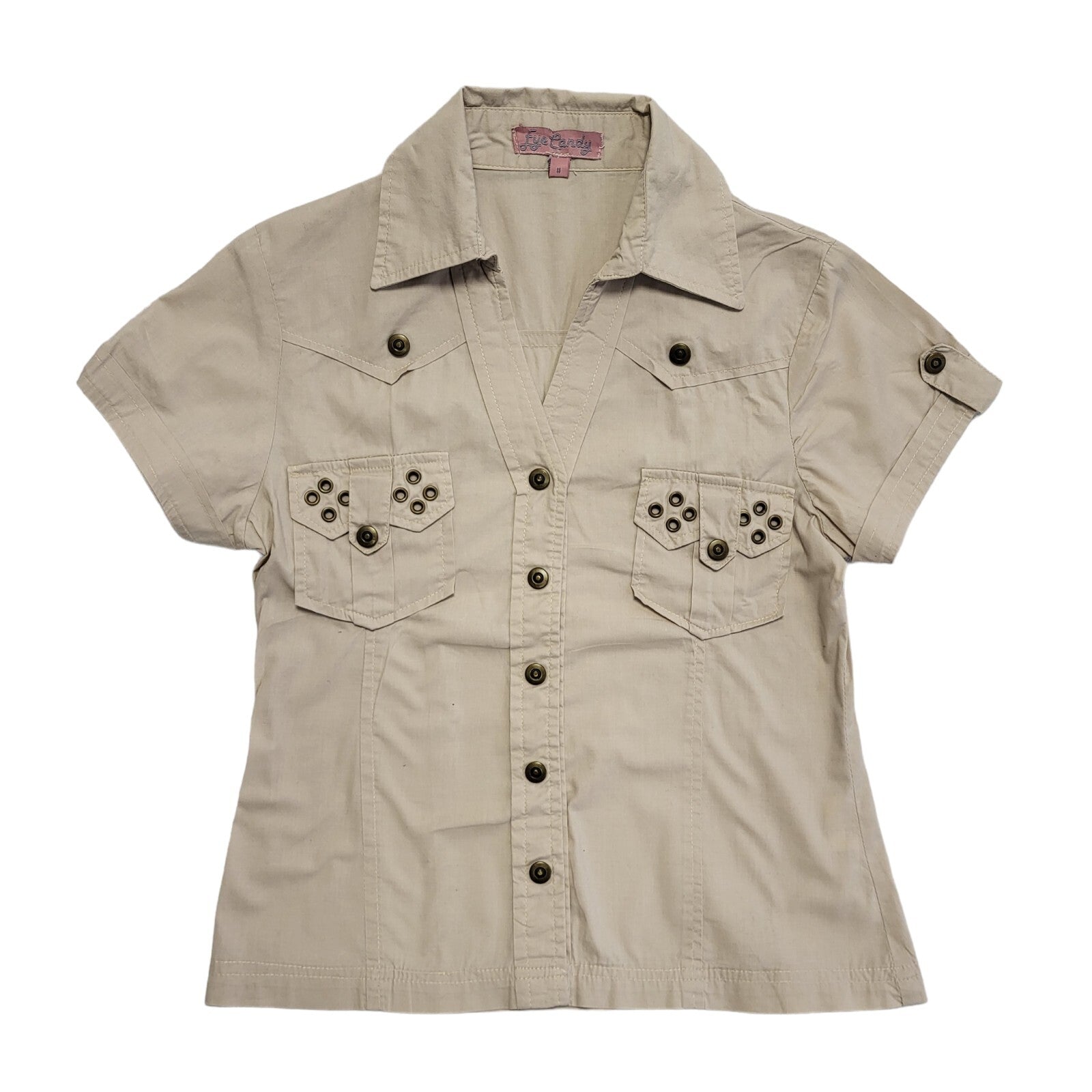 Eye Candy Vintage Y2K Beige Studded Short Sleeve Shirt Womens UK Size 8