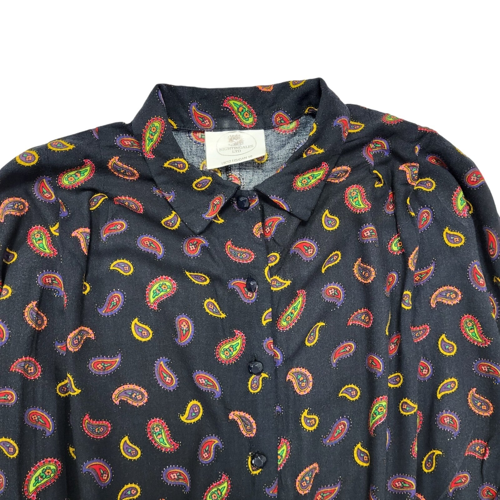 90s Vintage Nightingales Black Paisley Long Sleeve Dress Women's Size 12