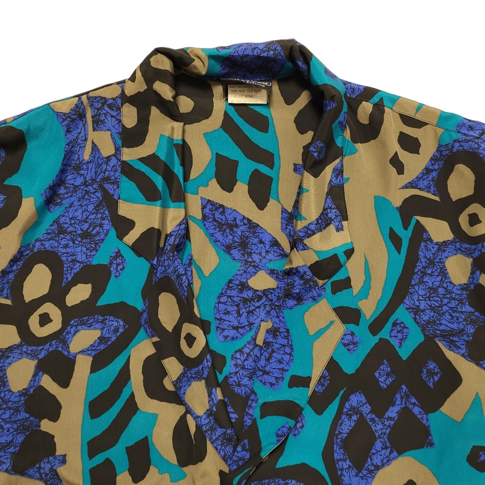 Jacques Vert Vintage 80's Blue Abstract Short Sleeve Blouse Uk Women's Size 14