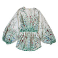 70s Vintage White Green Floral Blouse Long Sleeve Women's UK 12