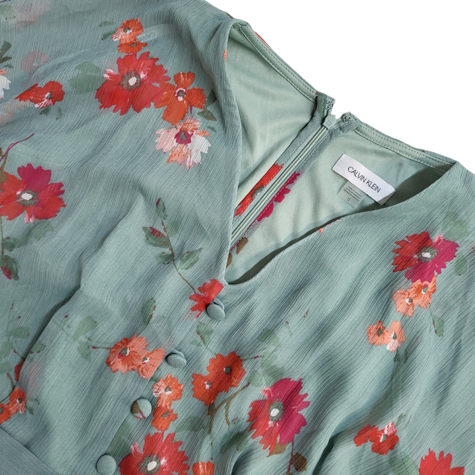 Calvin Klein Green & Pink Floral V-Neck Short Sleeve Dress Women's UK Size 12