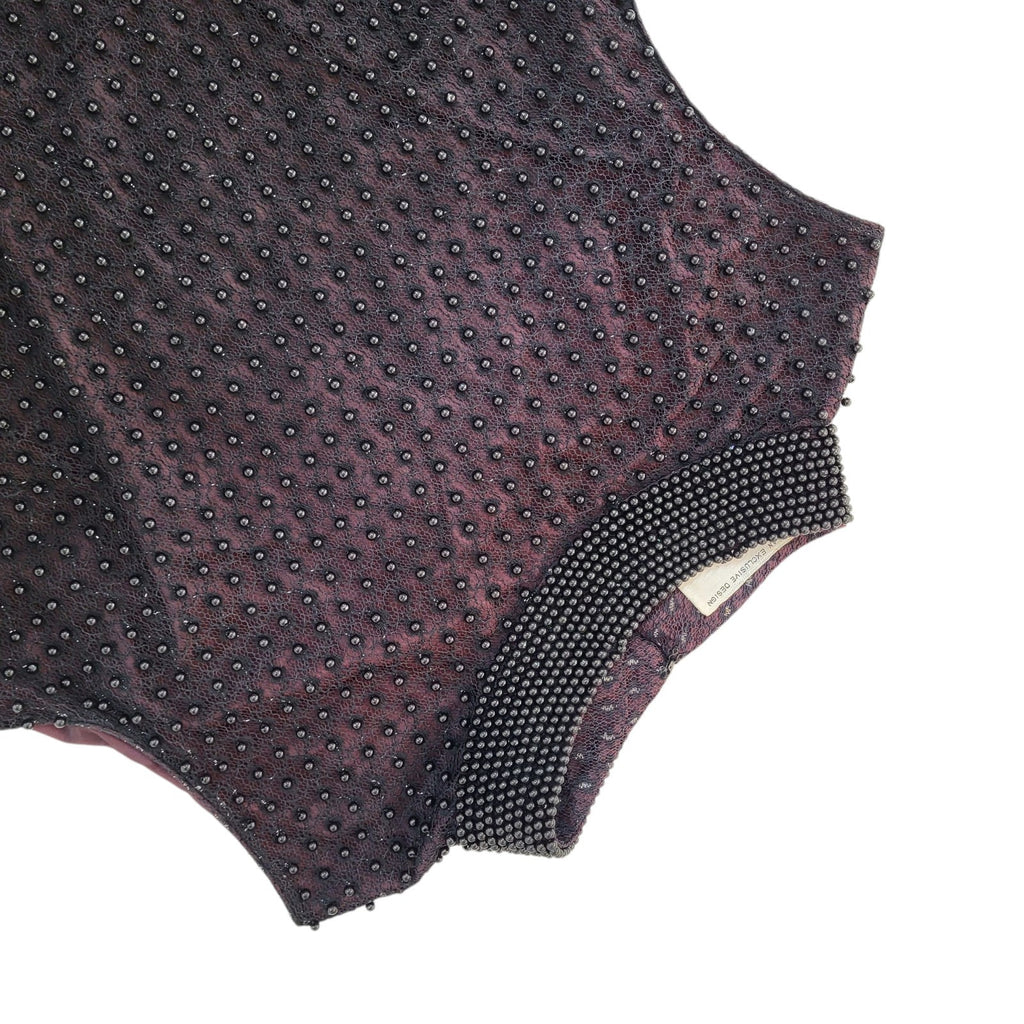 Ellis  Vintage 70's Black Burgundy Beaded Heavy Lace Long Dress Womens UK L 12