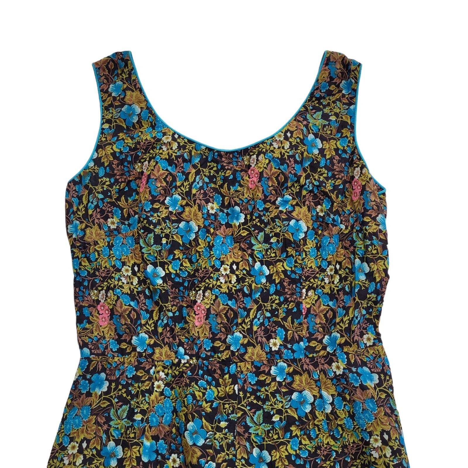 Vintage 80s Green & Blue Floral Sleeveless Daywear Dress Uk Women's Size 10